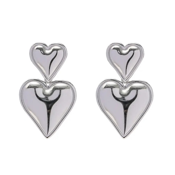 Silver Double Heart Drop Earrings - Picture 3 of 9